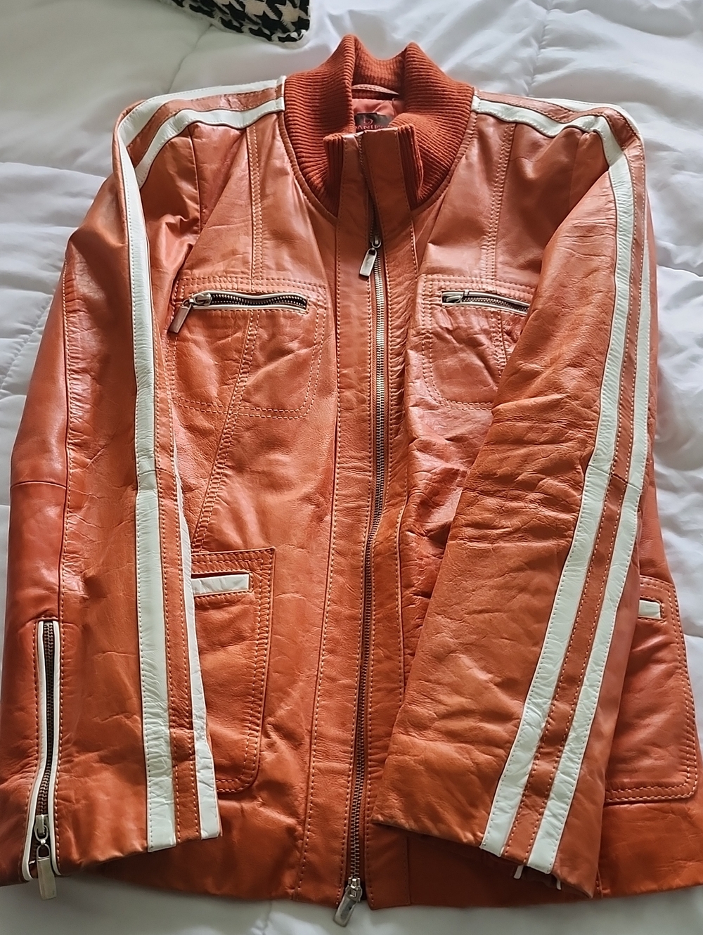 Danier Orange Leather Jacket with White Racing Stripes
